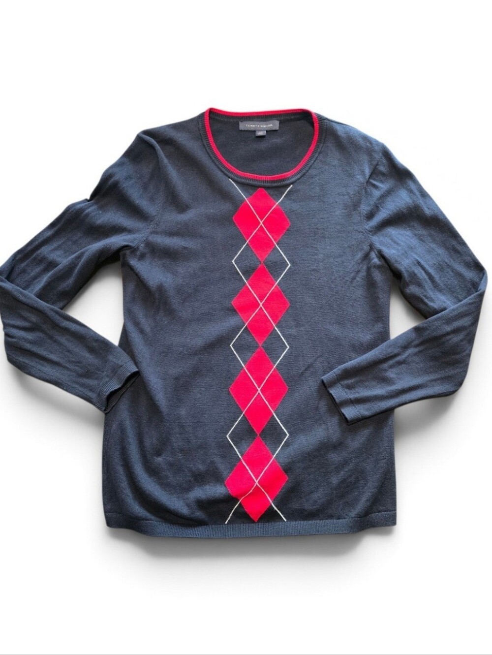 Tommy Hilfiger Women's Sweater Blue Red Argyle Diamond Knit Preppy Largel
